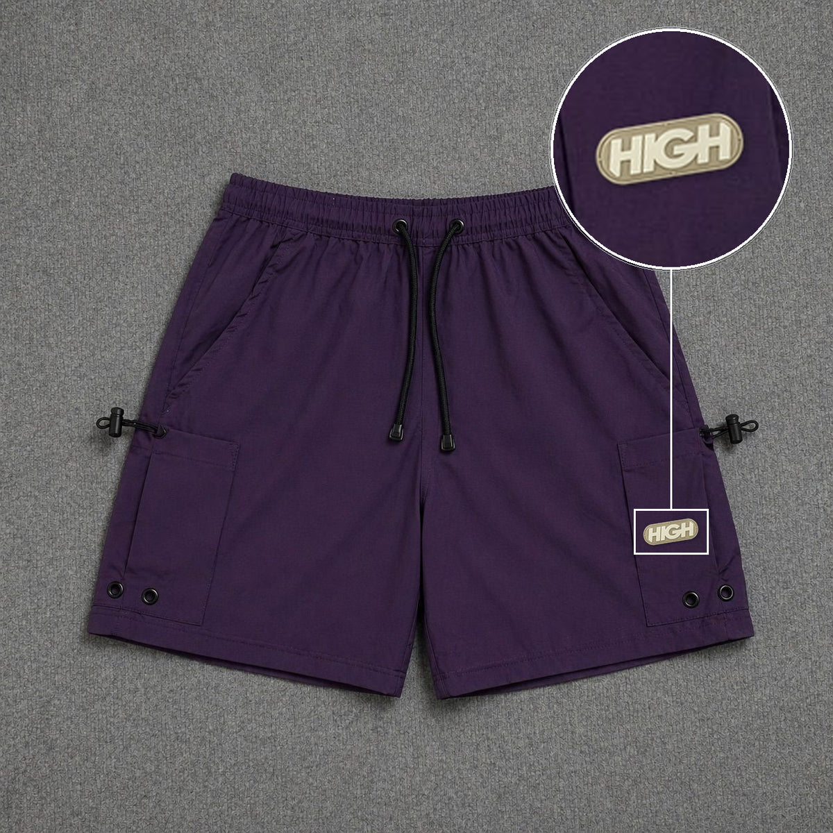Short Cargo Streetwear Urban com Bolsos Laterais Roxo com patch High Resina Oval Bege