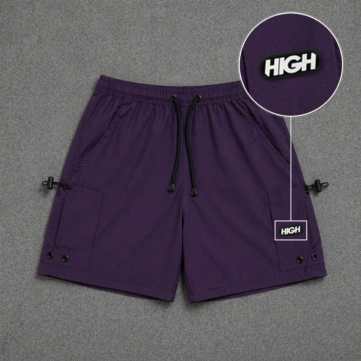 Short Cargo Streetwear Urban com Bolsos Laterais Roxo com patch High Resina Oval Preta