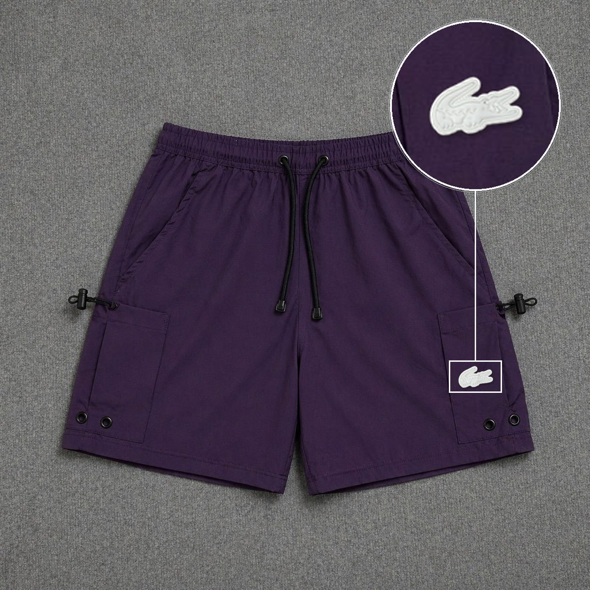 Short Cargo Streetwear Urban com Bolsos Laterais Roxo com patch Lacoste Sp Branco