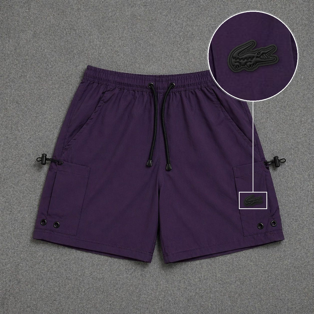 Short Cargo Streetwear Urban com Bolsos Laterais Roxo com patch Lacoste Sp Preto