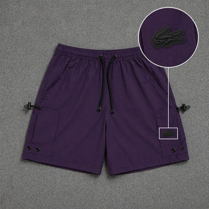 Short Cargo Streetwear Urban com Bolsos Laterais Roxo com patch Lacoste Sp Preto