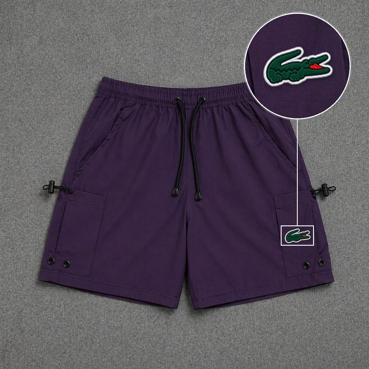 Short Cargo Streetwear Urban com Bolsos Laterais Roxo com patch Lacoste Sp