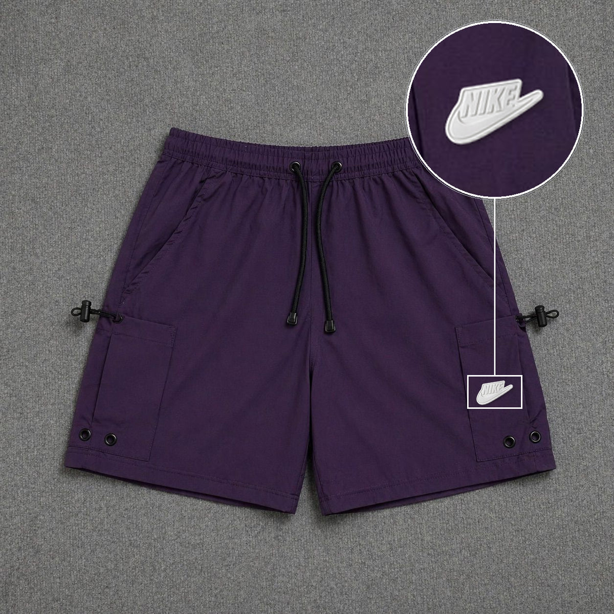 Short Cargo Streetwear Urban com Bolsos Laterais Roxo com patch Nike Branco