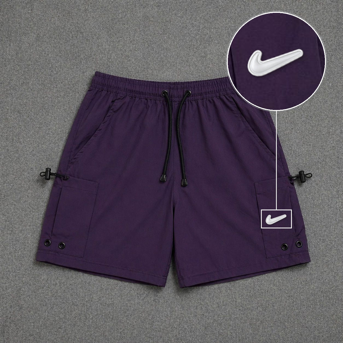 Short Cargo Streetwear Urban com Bolsos Laterais Roxo com patch Nike Facao Sp Branca