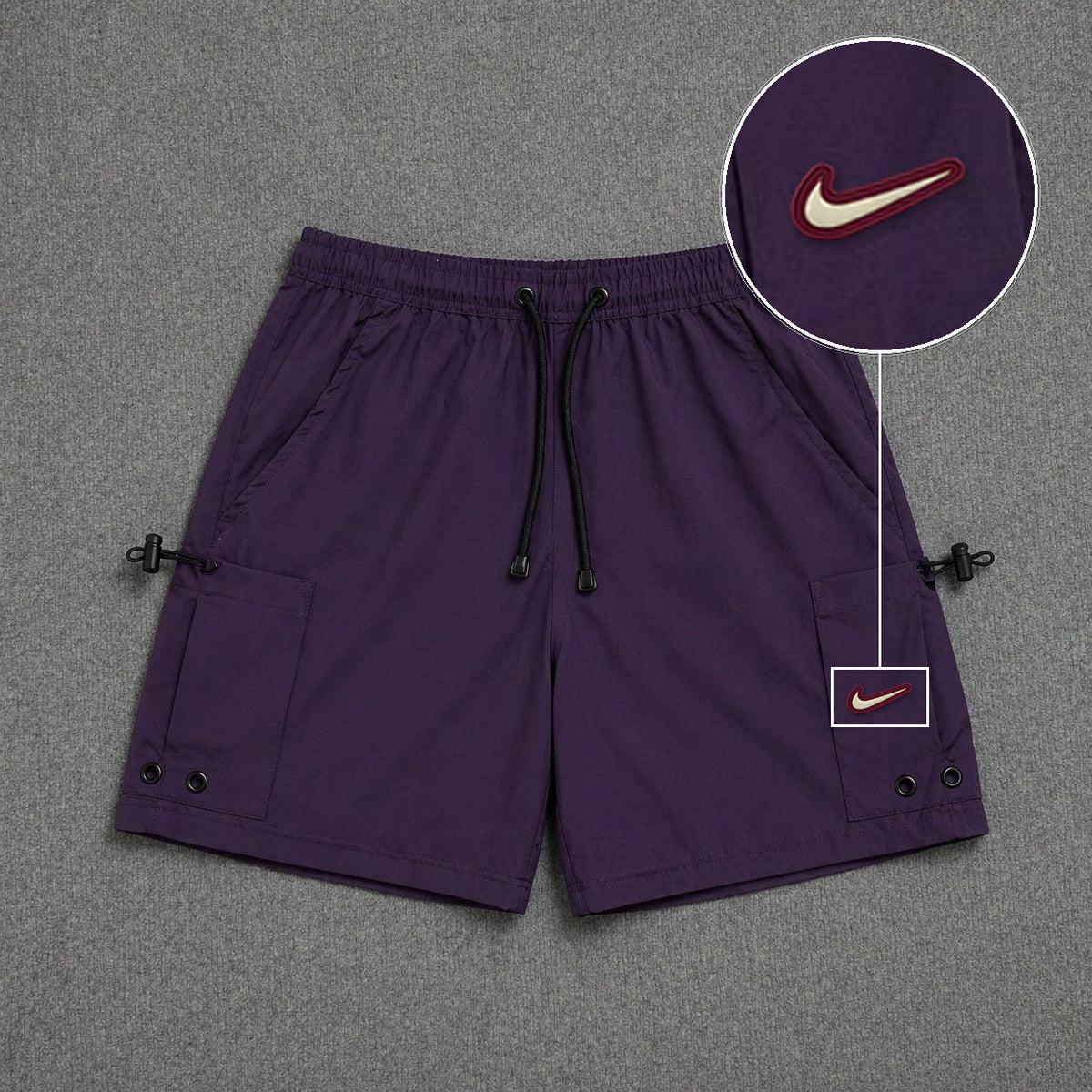 Short Cargo Streetwear Urban com Bolsos Laterais Roxo com patch Nike Resinado Marrom