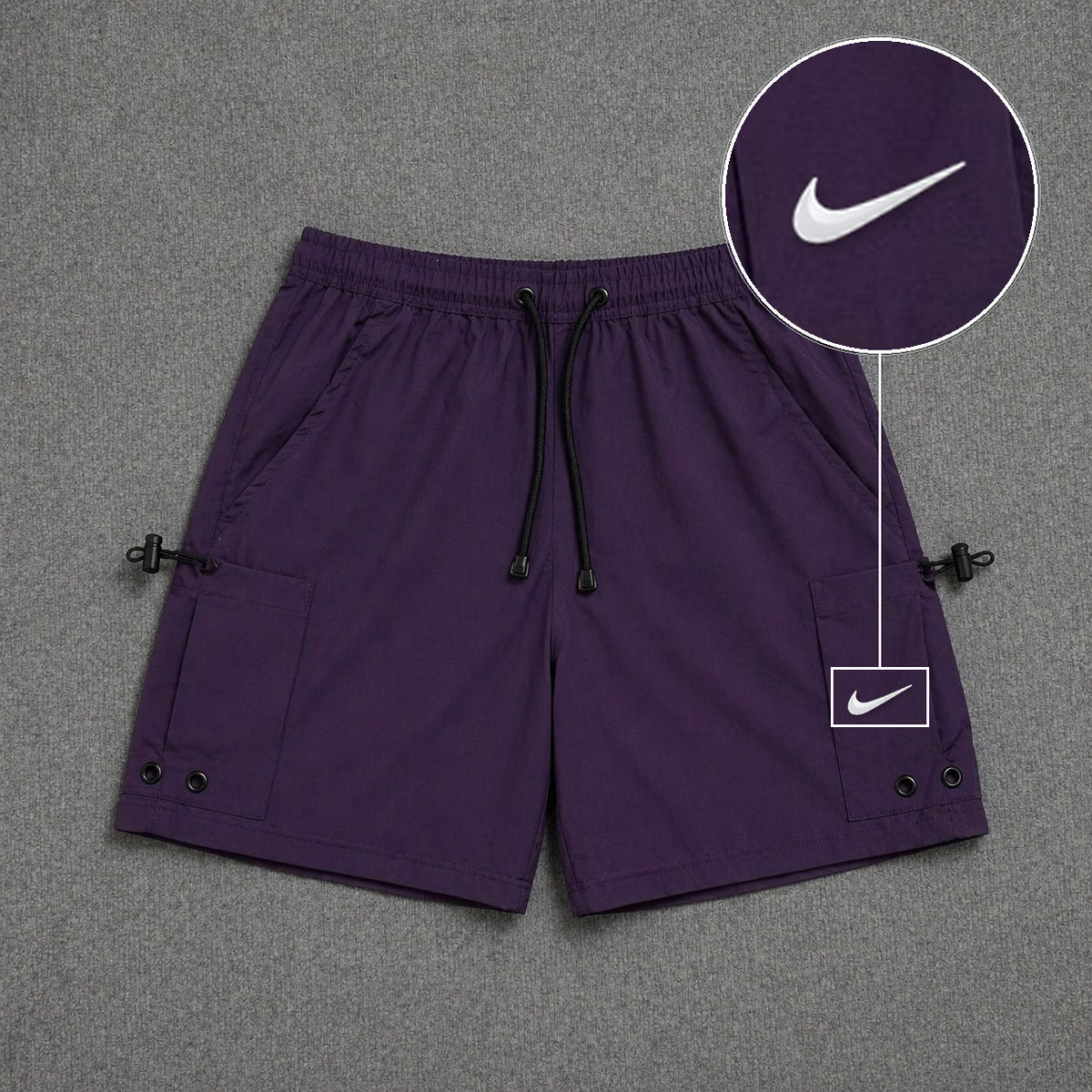 Short Cargo Streetwear Urban com Bolsos Laterais Roxo com patch Nike Swoosh Branco