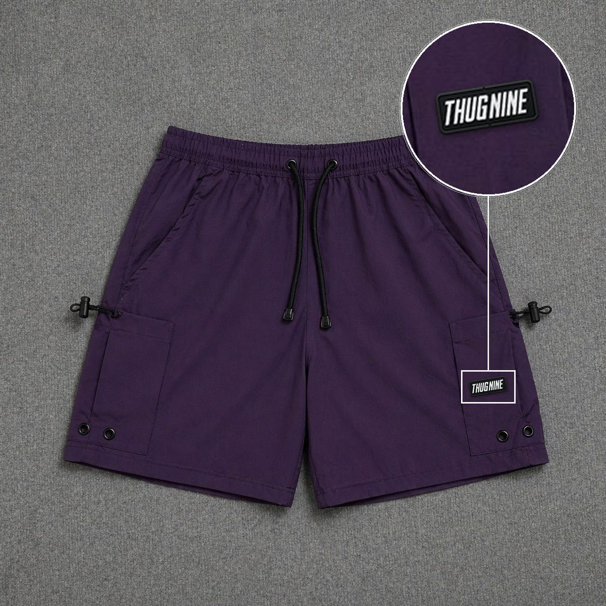 Short Cargo Streetwear Urban com Bolsos Laterais Roxo com patch Thug Nine Retangular