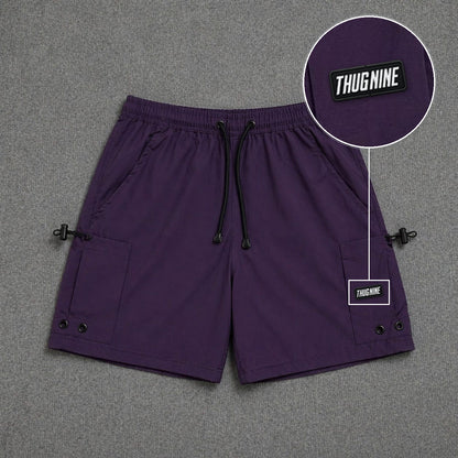 Short Cargo Streetwear Urban com Bolsos Laterais Roxo com patch Thug Nine Retangular