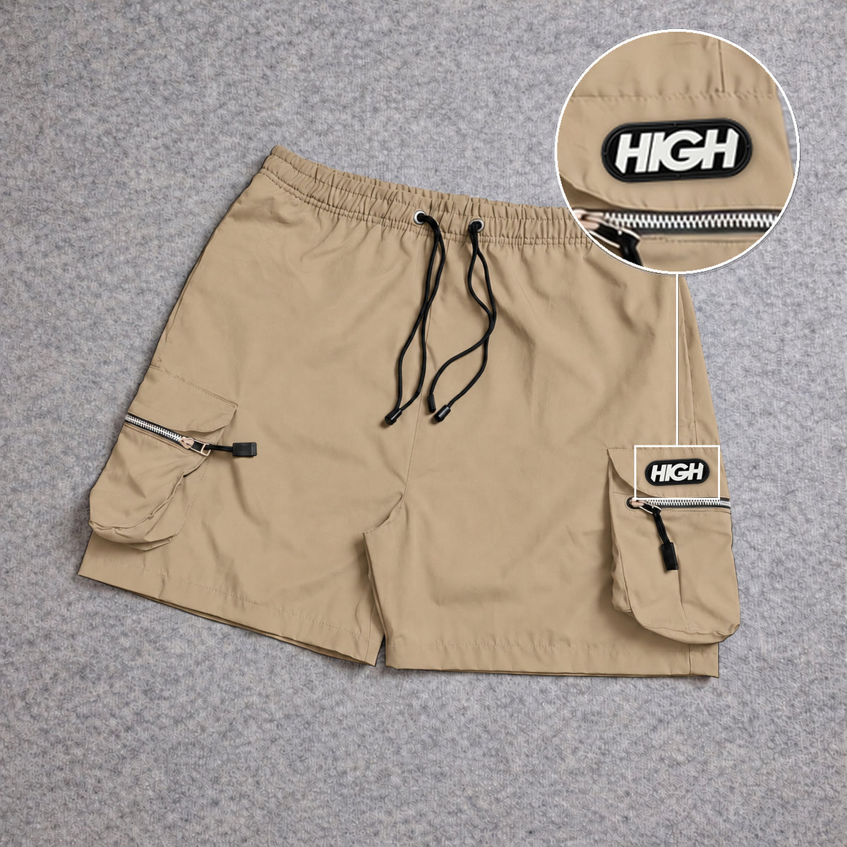 Short Premium Cargo Boll Bege com patch High Resina Oval Preta