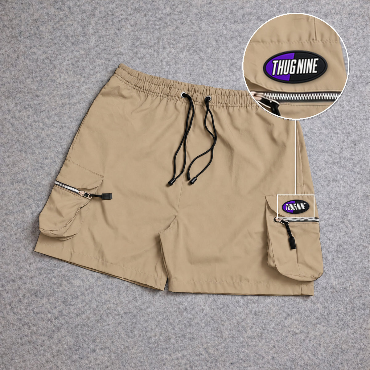Short Premium Cargo Boll Bege com patch Thug Nine Oval Preto Com Roxo