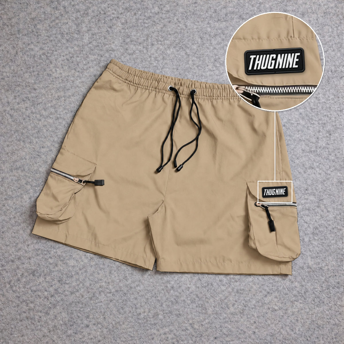 Short Premium Cargo Boll Bege com patch Thug Nine Retangular