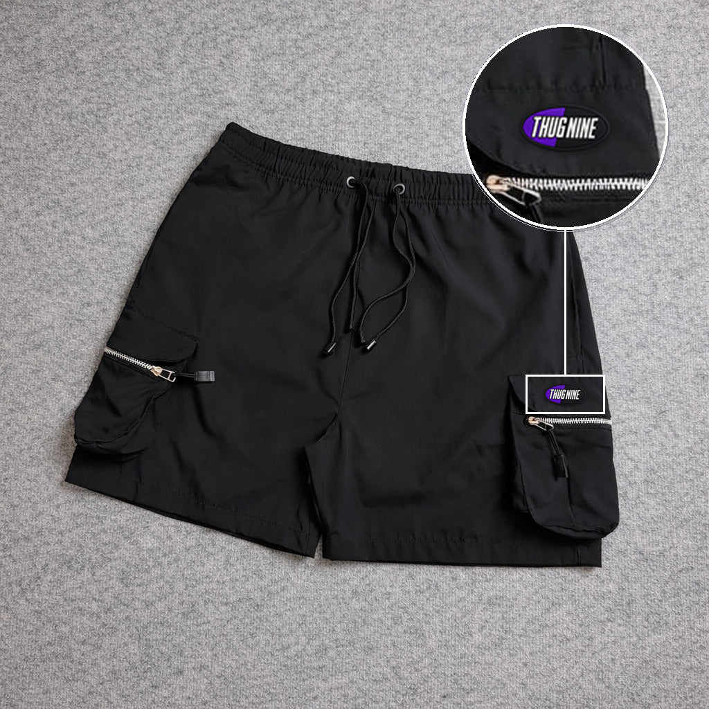 Short Premium Cargo Boll Black com patch Thug Nine Oval Preto Com Roxo