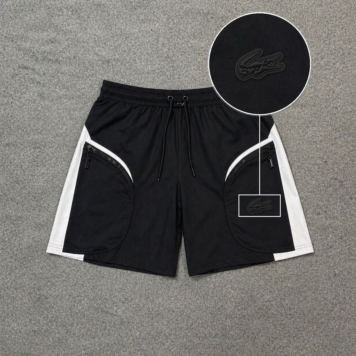 Short Premium Cargo com Recortes Tricolor e Bolsos com Zíper com patch Lacoste Sp Preto