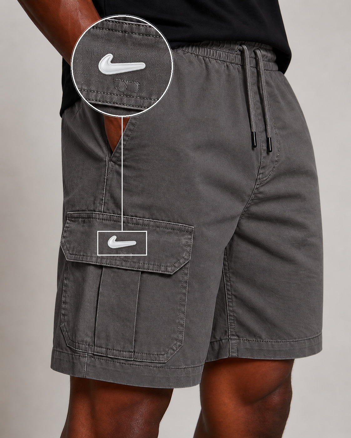 SHORT SARJA CARGO CINZA CHUMBO com patch Nike Facao Sp Branca