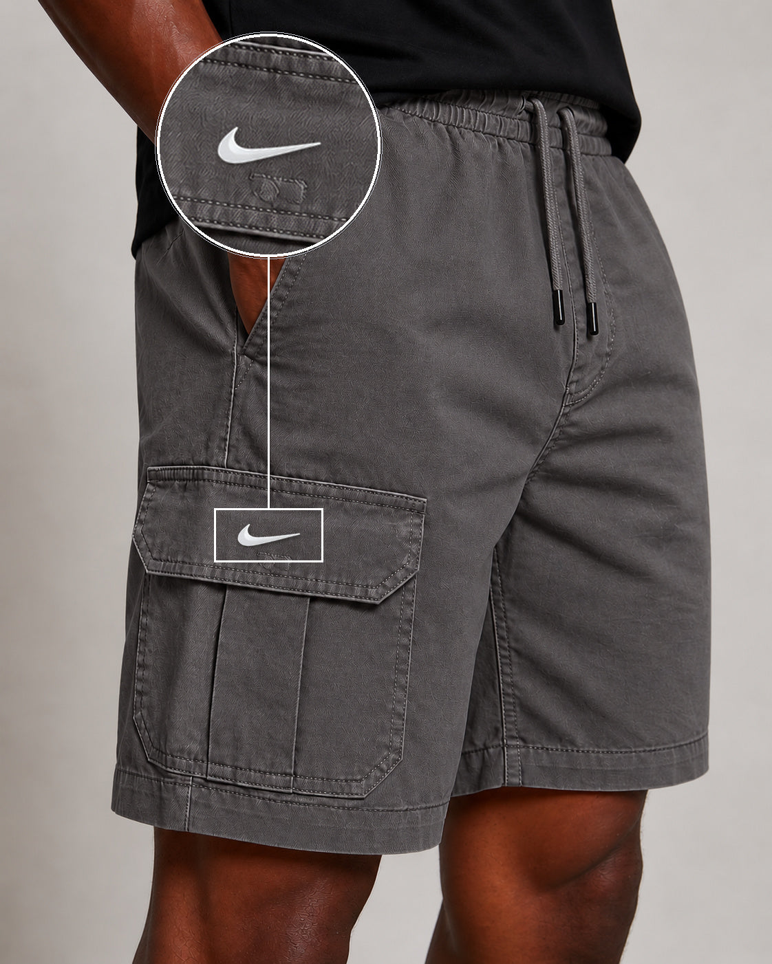 SHORT SARJA CARGO CINZA CHUMBO com patch Nike Swoosh Branco