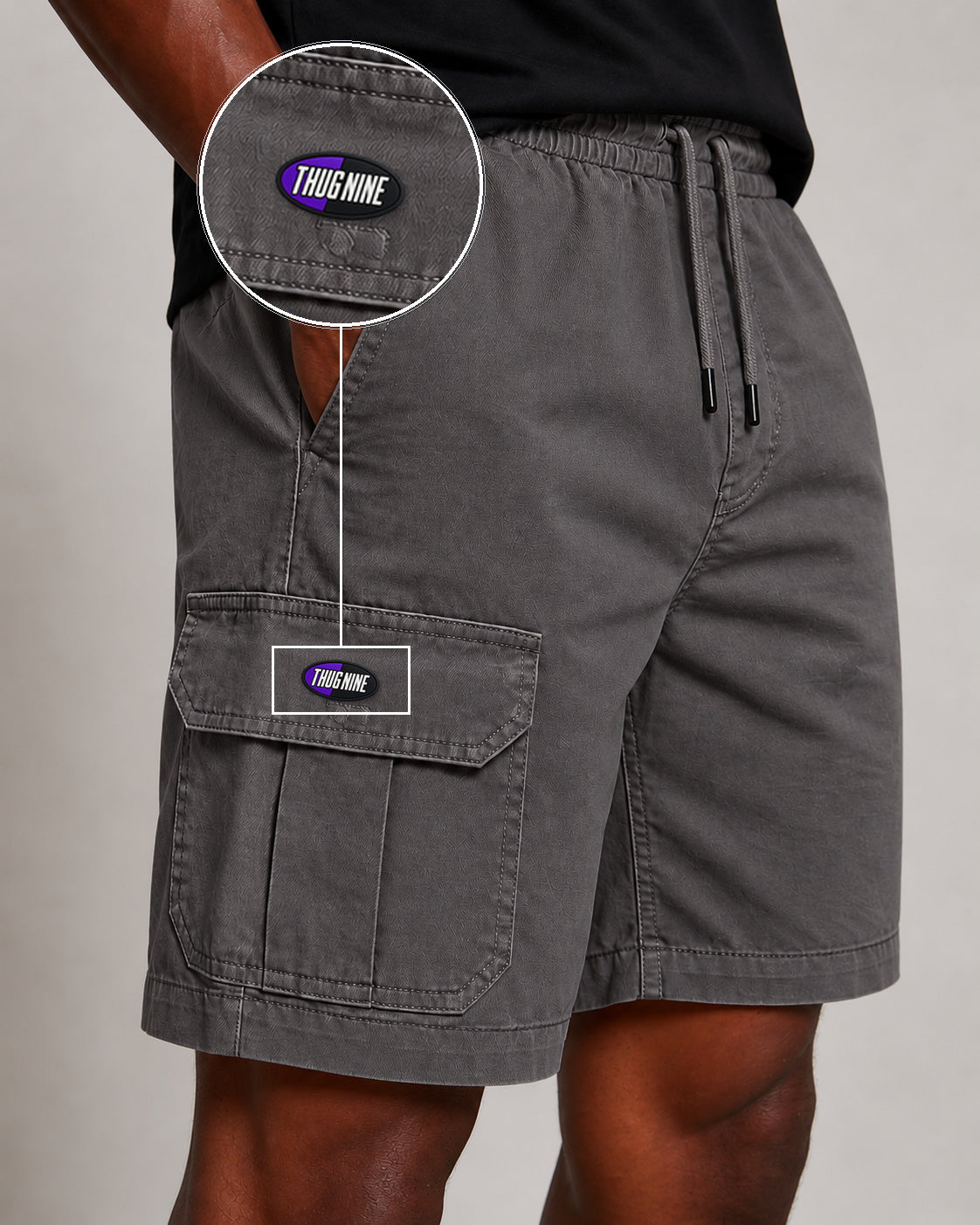 SHORT SARJA CARGO CINZA CHUMBO com patch Thug Nine Oval Preto Com Roxo