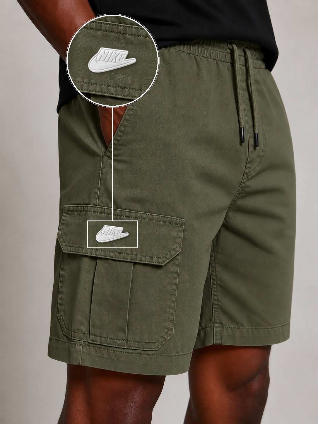 SHORT SARJA CARGO VERDE MILITAR com patch Nike Branco