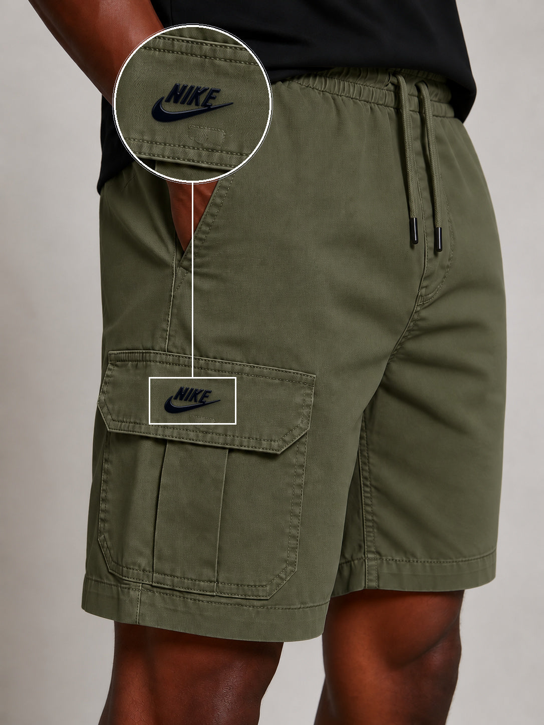 SHORT SARJA CARGO VERDE MILITAR com patch Nike Escrita Sp Preto