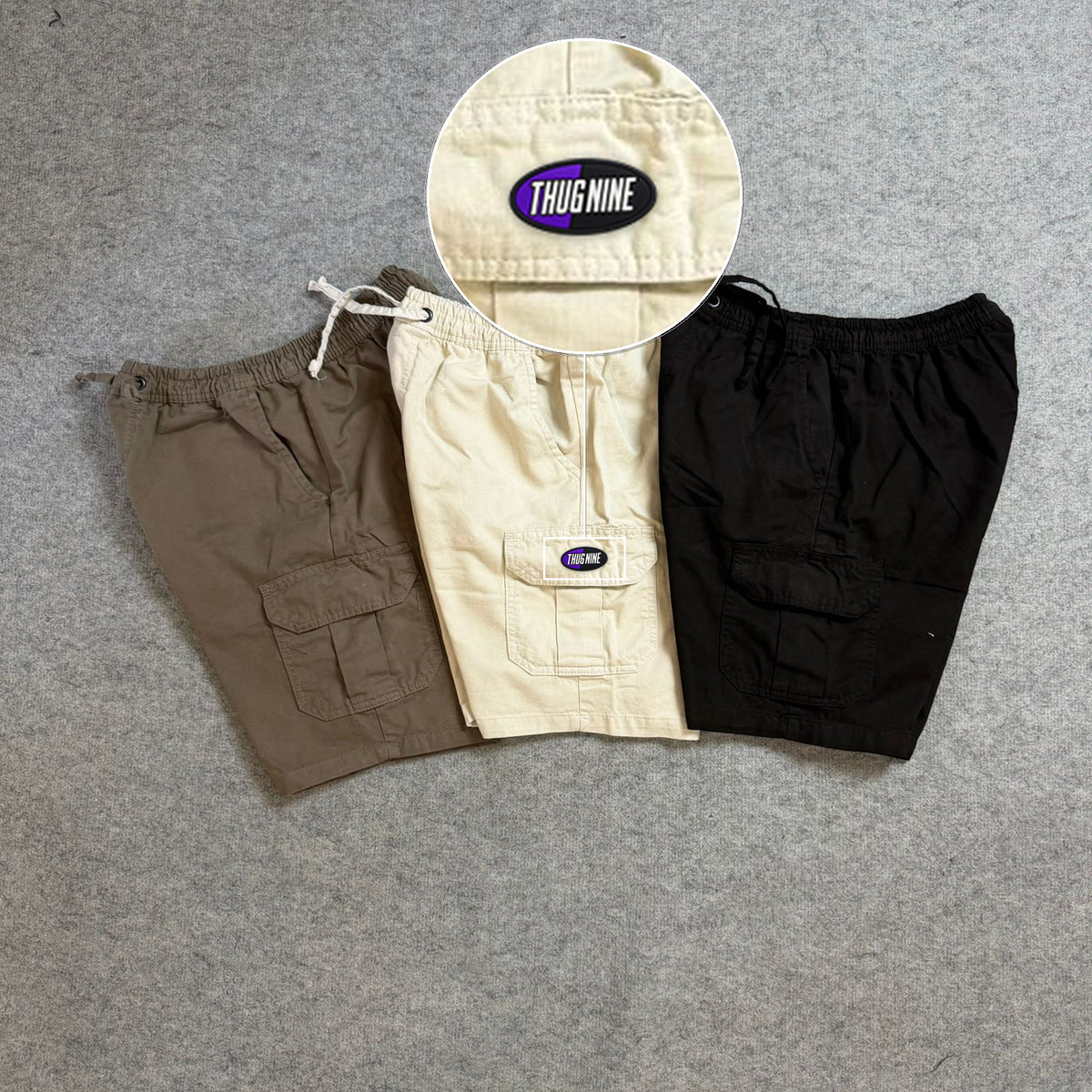 SHORT SARJA CARGO com patch Thug Nine Oval Preto Com Roxo