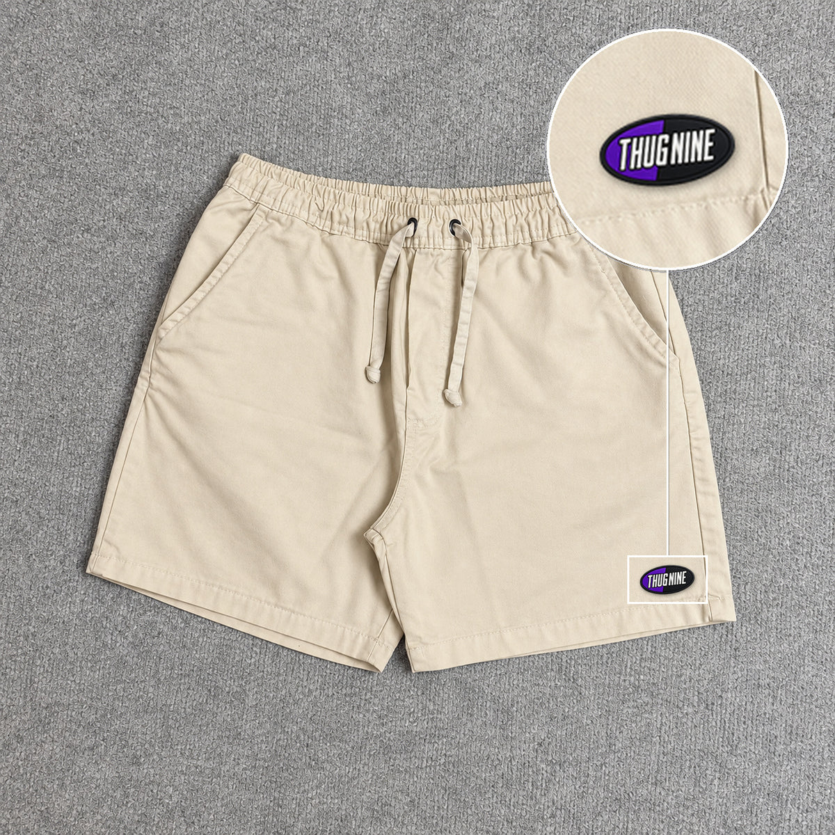 SHORT SARJA MAURICINHO AREIA com patch Thug Nine Oval Preto Com Roxo