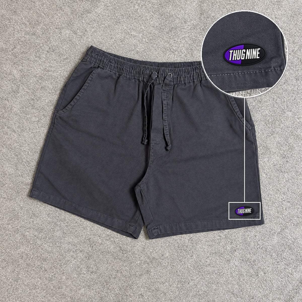 SHORT SARJA MAURICINHO CINZA CHUMBO com patch Thug Nine Oval Preto Com Roxo