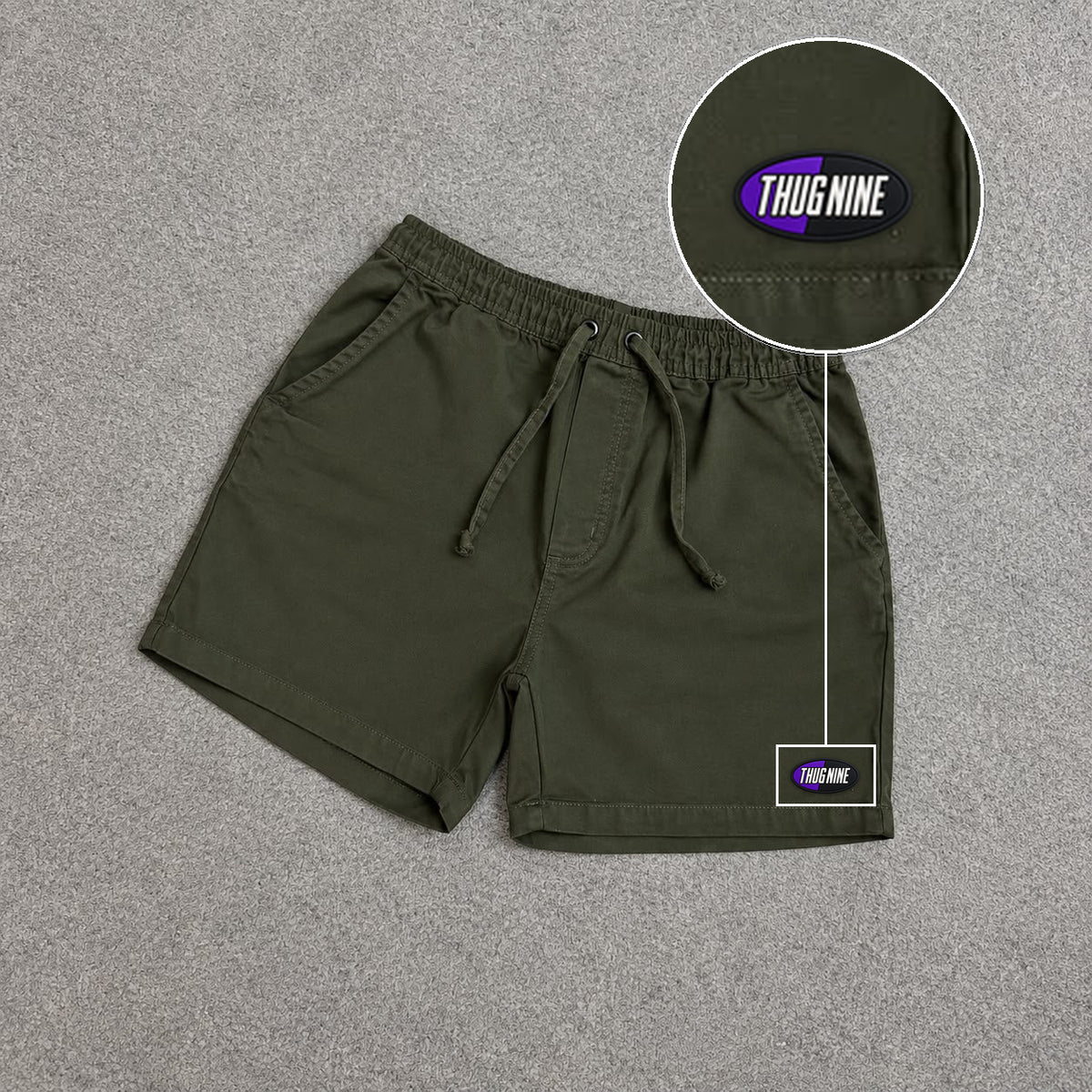 SHORT SARJA MAURICINHO VERDE MILITAR com patch Thug Nine Oval Preto Com Roxo